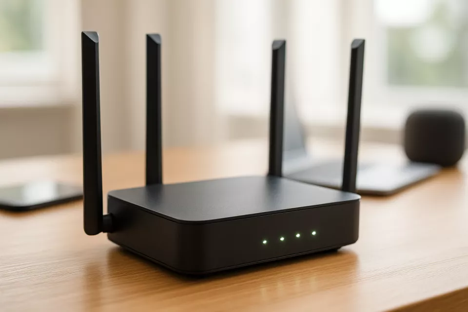 Router WiFi 6 calidad-precio en mesa con varios dispositivos conectados