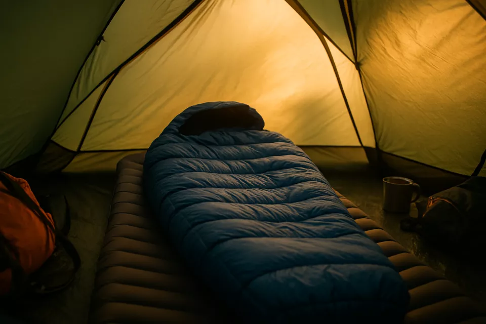 Saco de dormir calidad-precio en interior tienda campana al amanecer