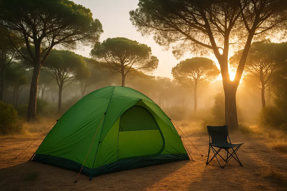 Tienda de campana calidad-precio en monte mediterraneo al amanecer