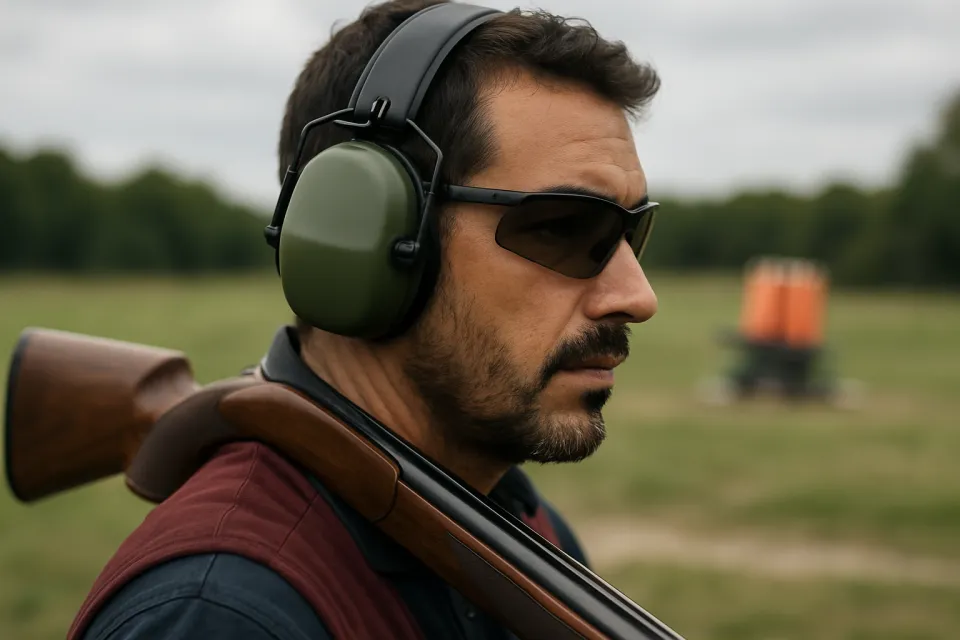 Tirador con auriculares electrónicos y gafas de protección en un campo de tiro