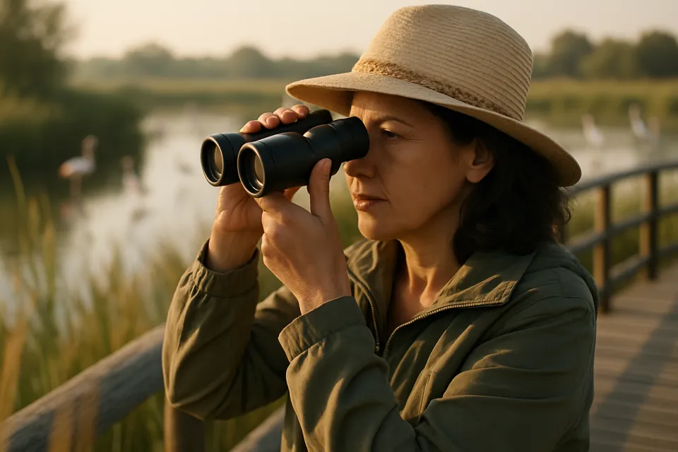 Mujer observando aves con prismáticos 8x42 desde una pasarela en una marisma