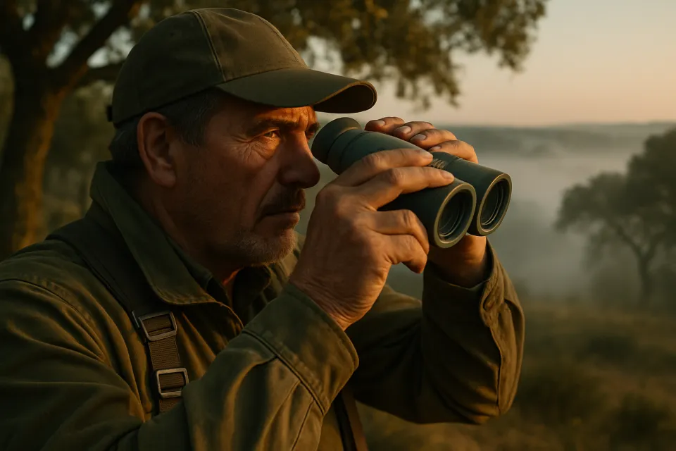 Cazador observando un valle con prismáticos al amanecer en la dehesa
